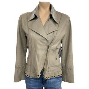Essentiel Antwerp Elegant Taupe Leather Jacket with Eyelet Accents Size M